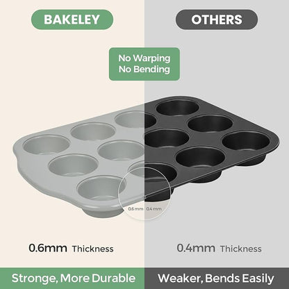 12-Cavity Muffin Pan, Nonstick Ceramic Cupcake Pan, Heavy-Duty 0.6mm Carbon Steel, Easy-Release Bakeware for Home Bakers & Holiday Treats, Grey
