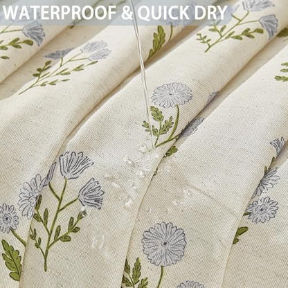 ORTIGIA Linen Textured Ruffle Shower Curtain 72x72 Inch with Metal Hooks, Vintage Blue Green Floral Flowers Block Print Boho Waterproof Bath Curtain for Rustic Farmhouse Bathroom Decor