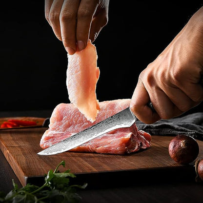 5.5" Boning Knife Fillet Knife Damascus Japanese Pro High Carbon Steel Sharp Curved Flexible Blade Kitchen Cleaver for Fish Poultry Chicken Meat Cutting with Sheath[Gift Box] Pakkawood Handle