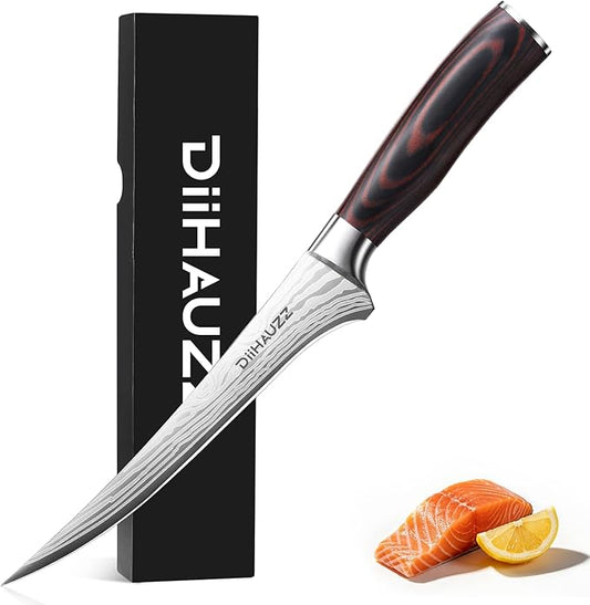 DiiHAUZZ 7 Inch Fillet Knife for Fish, Razor Sharp Boning Knife High Carbon Stainless Steel for Poultry Deboning and Meat Cutting, Japanese Filleting Knives with Ergonomic Pakkawood Handle, Sheath