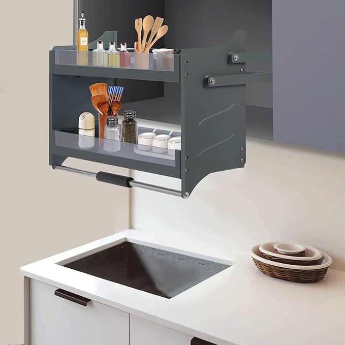 Pull Down Shelf for Upper Cabinets, 2-Tier Drop Down Cabinet Organizer, Kitchen Spice and Dishes Pull Down Storage Shelf, High Cabinet Pull-Out Organizer for Snack, Bowl (Dark Grey, 30in)