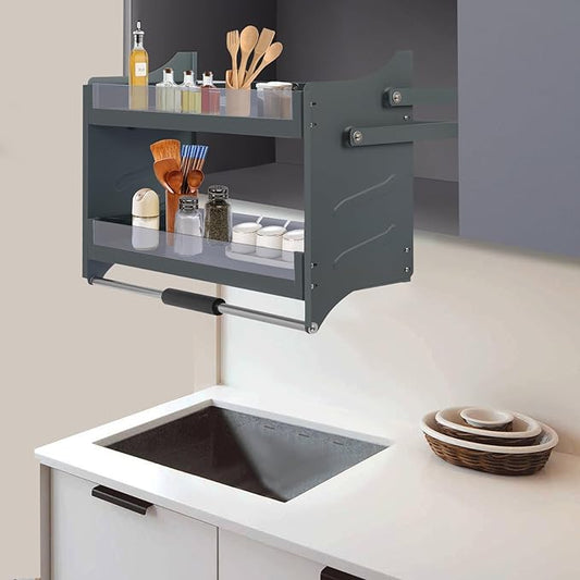 Pull Down Shelf for Upper Cabinets, 2-Tier Drop Down Cabinet Organizer, Kitchen Spice and Dishes Pull Down Storage Shelf, High Cabinet Pull-Out Organizer for Snack, Bowl (Dark Grey, 30in)