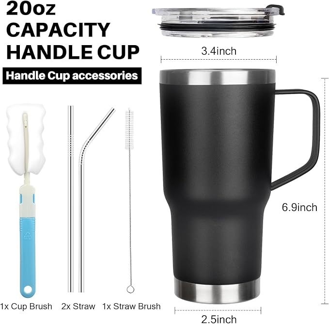 20 oz Tumbler with Handle, Stainless Steel Insulated Tumbler with Lid and Straw, Double Wall Vacuum Coffee Mug Tumbler, Insulated Coffee Thermal Cup for Cold and Hot (Black)