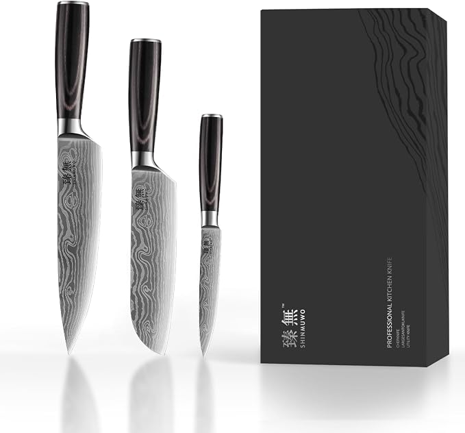 3-Piece Kitchen Knife Set, High Carbon Stainless Steel Blades with Wave Pattern, Ergonomic Pakkawood Handle - Includes 8" Chef, 7" Santoku & 5" Utility Knives