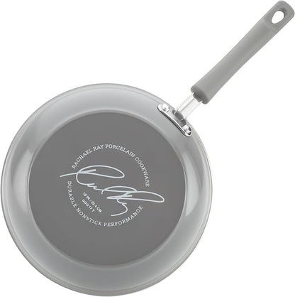 Rachael Ray Cookware Classic Brights Hard Enamel Aluminum Nonstick Cookware Set, 14-Piece, Sea Salt Gray