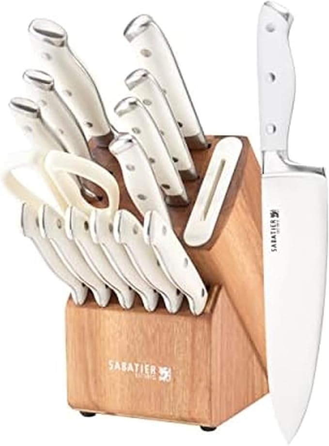 Sabatier Acacia Forged Triple Rivet Edgekeeper Knife Block Set, 15-Piece, White
