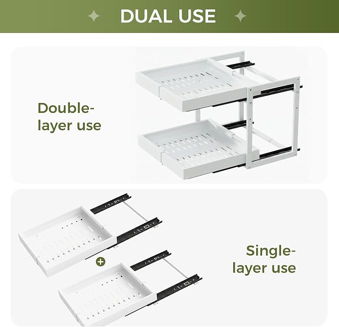 Abalter Expandable Pull Out Cabinet Organizer, 2-Tier Slide Out Drawer for Kitchen Cabinets, Adjustable Width 12–18.5", Slide Out Shelves for Kitchen, Bathroom, Pantry, Heavy Duty Caddy(White)