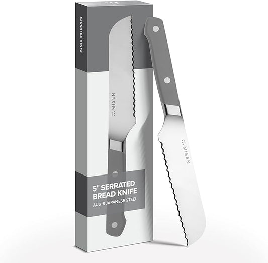 Misen Serrated Bread Knife - High-Carbon Japanese AUS8 Steel - Perfect for Soft Foods, Bread, Pastries, and Fruits - Verstatile Slicer, Razor-Sharp Edge, Durable Blade, Ergonomic Handle - 5", Gray