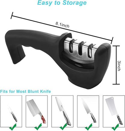 Elite Kitchen Knife Sharpener with 3 Stages, Professional Manual Blade Sharpening System, Ceramic Stone, Tungsten Carbide Plates, Diamond rods, Ergonomic Handle, Non-Slip Base,Stylish Black
