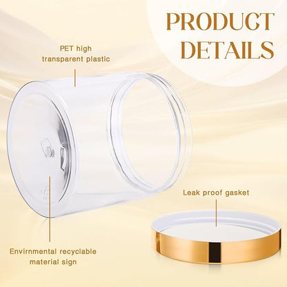 SATINIOR 24 Pieces Empty Clear Plastic Jars with Lids Round Storage Containers Wide Mouth for Beauty Product Cosmetic Cream Lotion Liquid Butter Craft and Food(Gold Lid,16 oz)