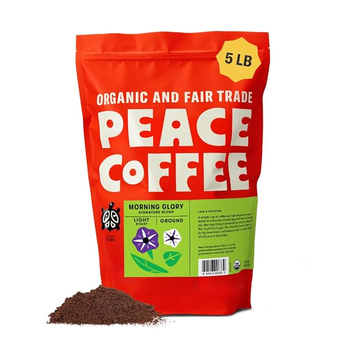 Peace Coffee Morning Glory Signature Blend Ground Light Roast Coffee, 5 lb, Organic Fair Trade, Smooth, Mild Flavor, Shade Grown, Fresh Roasted