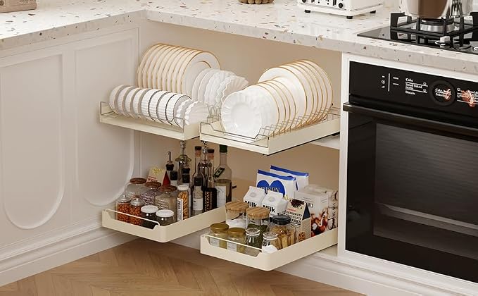 LinTimes Expandable Pull Out Cabinet Organizer, Stainless Steel + Carbon Steel Cabinet Frame Bowl Rack, Upgraded Sliding Drawer, 42.3 * 30 * 7.5cm White