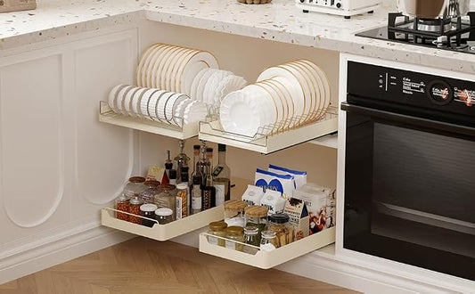 LinTimes Expandable Pull Out Cabinet Organizer, Stainless Steel + Carbon Steel Cabinet Frame Bowl Rack, Upgraded Sliding Drawer, 42.3 * 30 * 7.5cm White