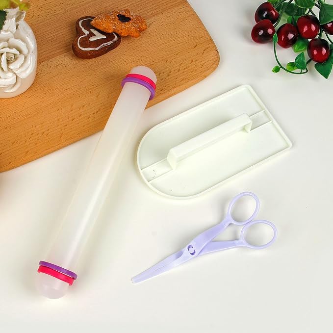 ScivoKaval Marshmallow Fondant Cake Decorating Hand Tool 12 Pcs 5 Sets Sugarcraft Gumpaste Icing Smoother Rolling Pin Trimmer Cutter Embosser Flower Scissor Modelling Accessories Supplies Kit Pink