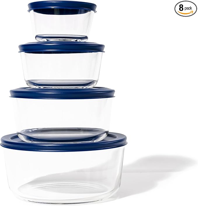 8-Piece Glass Food Storage Containers Set (4 Containers + 4 Lids) | Round, Nesting, Microwave & Dishwasher Safe | BPA-Free, Space-Saving | Blue Lids for Pantry & Kitchen Organization, Blue