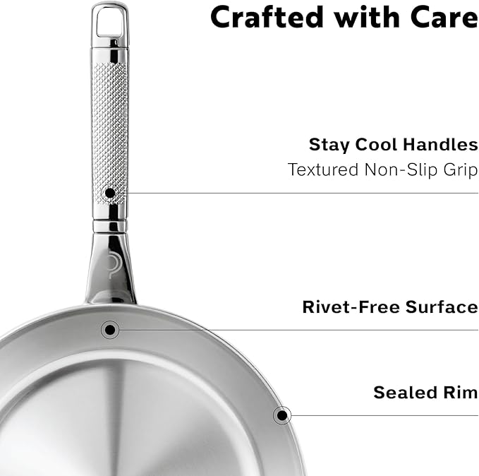 10-Piece Triply Stainless Steel Cookware Set - Fully Clad Pots and Pans Set with 8 Qt Pasta Pot, Saute, Saucepan, Frying Pan - Non Toxic Cookware - Induction, Dishwasher & Oven Safe