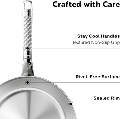 10-Piece Triply Stainless Steel Cookware Set - Fully Clad Pots and Pans Set with 8 Qt Pasta Pot, Saute, Saucepan, Frying Pan - Non Toxic Cookware - Induction, Dishwasher & Oven Safe