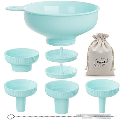 Pisol Wide Mouth Versatile Funnel, Canning Funnels for Kitchen Use, Food Grade Plastic Cooking Funnel Set with 4 Size Spouts and 2 Strainers for Filling Different Bottles and Bags, Teal