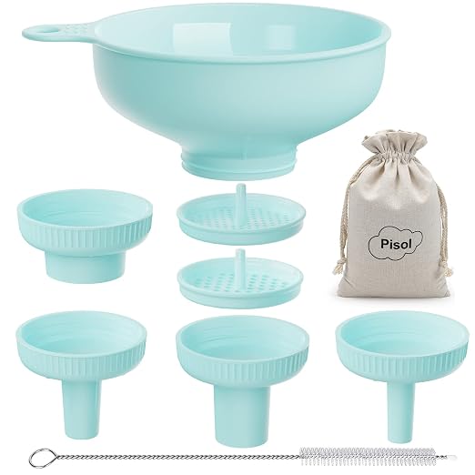 Pisol Wide Mouth Versatile Funnel, Canning Funnels for Kitchen Use, Food Grade Plastic Cooking Funnel Set with 4 Size Spouts and 2 Strainers for Filling Different Bottles and Bags, Teal