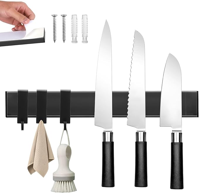 Knife Magnetic Strip With 3 Hooks, 14" Magnetic Knife Holder for Wall Mount Fridge Refrigerator, No Drill Knife Magnet Tool Holder Bar Adhesive Backing, Kitchen Organizer Knives Block RV Accessories