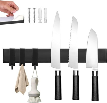 Magnetic Knife Holder for Wall with 3 Hooks, No Drilling Magnetic Knife Strip Adhesive Knife Holder Magnet Knife Bar, Wall Mount Knife Rack Block Metal Tool Holder for RV Kitchen Organization, 10 Inch