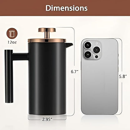 Miuly 12oz French Press for One Person, Small Coffee Press 350ml with 2 Filter Mesh, Double Wall Insulated French Press for Travel, Black