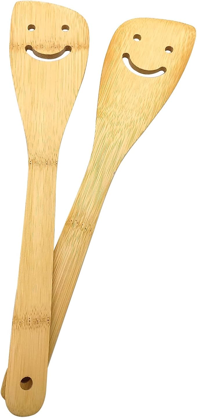 2 Pack Bamboo Smiley Face Kitchenware Cooking Utensil Set Stir-fry spatula, Eco-friendly Kitchen Tools (Various kinds)