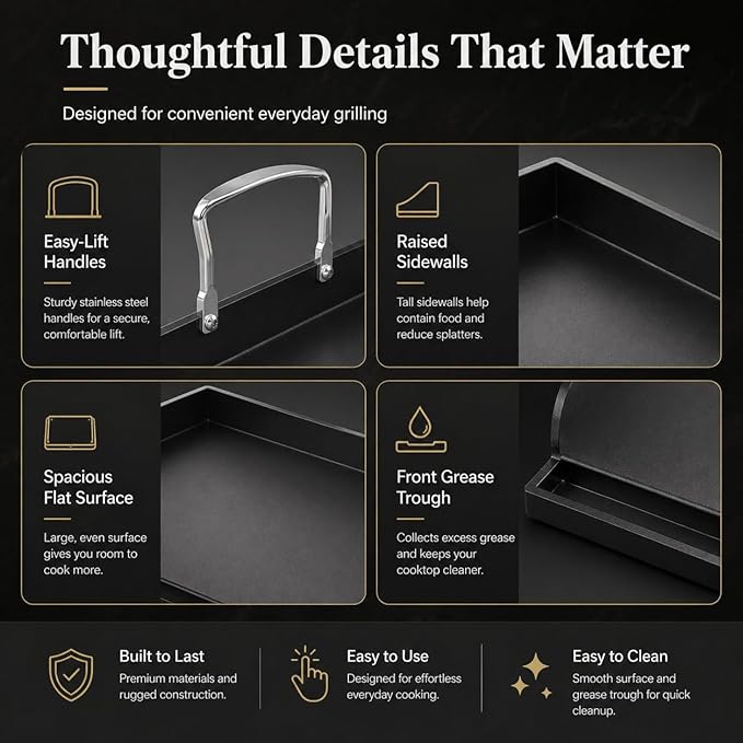 Griddle for Gas Grill, Cast Iron Griddle for Gas Grill & Stove Top, 17"x13" Flat Top Griddle Nonstick Grill Griddle Plate for Charcoal Outdoor Camping Cooking for Blackstone Style Flat Top Grill