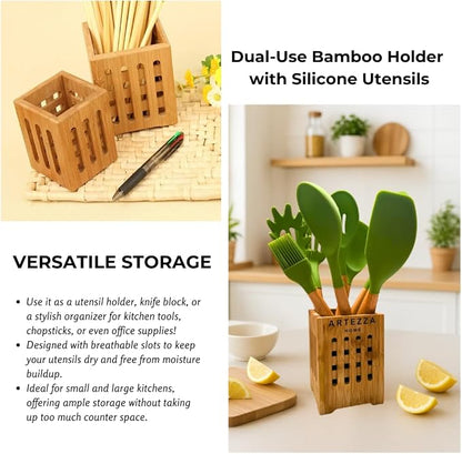 Green Silicone Kitchen Utensil Set – 10-Piece Cooking Tools with Wooden Handles & Ventilated Bamboo Holder, Heat-Resistant Silicone, Nonstick Safe, BPA-Free Kitchen Gadgets Set – Sage Green
