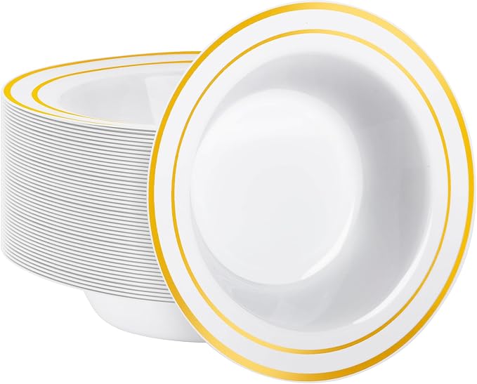 Goodluck 50 Pack Plastic Bowls with Gold Rim, 12oz Disposable Soup Bowls, Heavy Duty Dessert Bowls for Weddings, Parties, Dinners, Catering, Thanksgiving and Everyday Use