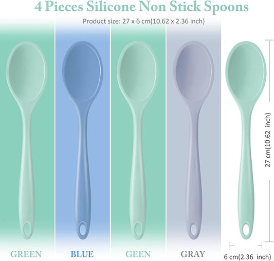 Shappy 4 Pieces Silicone Cooking Spoons 10.6 Inch Heat Resistant Kitchen Spoons for Mixing, Serving and Stirring Upgrade Large Non Stick Basting Utensils, Dishwasher Safe(Spoon,Fresh Color)