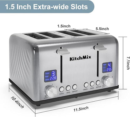 Toaster 4 Slice, KitchMix Bagel Stainless Toaster with LCD Timer, Extra Wide Slots, Dual Screen, Removal Crumb Tray (Stinless steel)