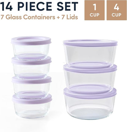 14-Piece Glass Food Storage Containers Set (7 Containers + 7 BPA-Free Lids) | 1-Cup & 4-Cup, Leakproof | Microwave, Freezer, Oven & Dishwasher Safe | Ideal for Meal Prep & Pantry Organization, Purple