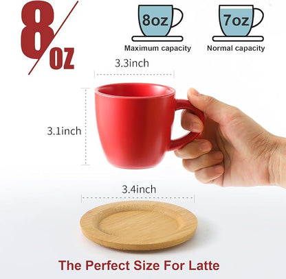 HASENSE Cappuccino Cups with Bamboo Saucers Set of 6, 8 OZ Ceramic Espresso Cups with Handle for Double Shot, Latte, Mocha, Stackable Coffee Cups for Cafes, Home and Office, Red