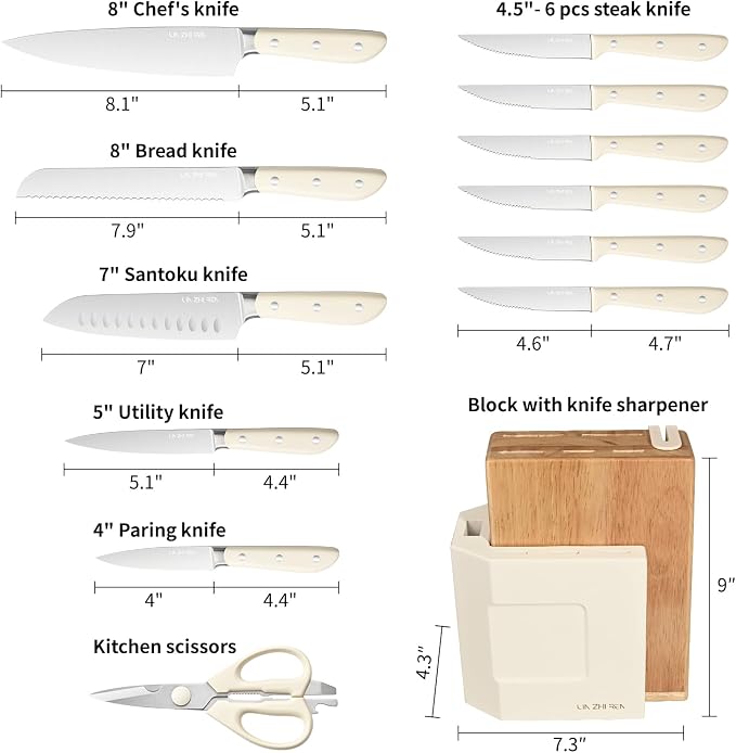 14-Piece Kitchen Knife Set with Detachable Block, High Carbon Stainless Steel Dishwasher Safe Knives, Includes Chef, Santoku, Bread, Steak Knives for Home Kitchen,White