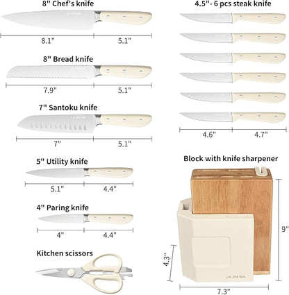 14-Piece Kitchen Knife Set with Detachable Block, High Carbon Stainless Steel Dishwasher Safe Knives, Includes Chef, Santoku, Bread, Steak Knives for Home Kitchen,White