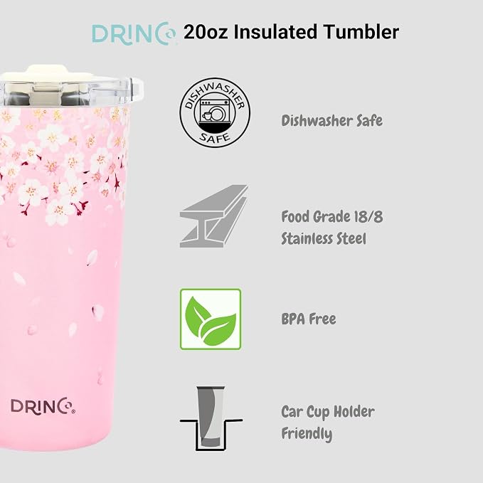 Drinco - 20 oz Stainless Steel Tumbler | Double Walled Vacuum Insulated Mug With Lid, 2 Straws, For Hot & Cold Drinks (20oz Sakura)