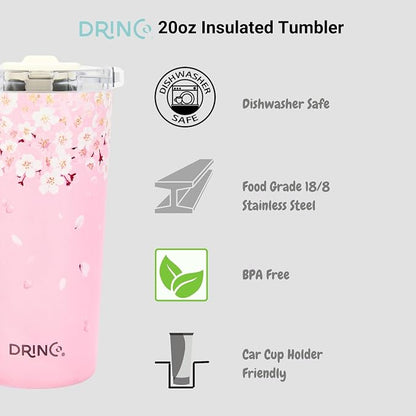 Drinco - 20 oz Stainless Steel Tumbler | Double Walled Vacuum Insulated Mug With Lid, 2 Straws, For Hot & Cold Drinks (20oz Sakura)