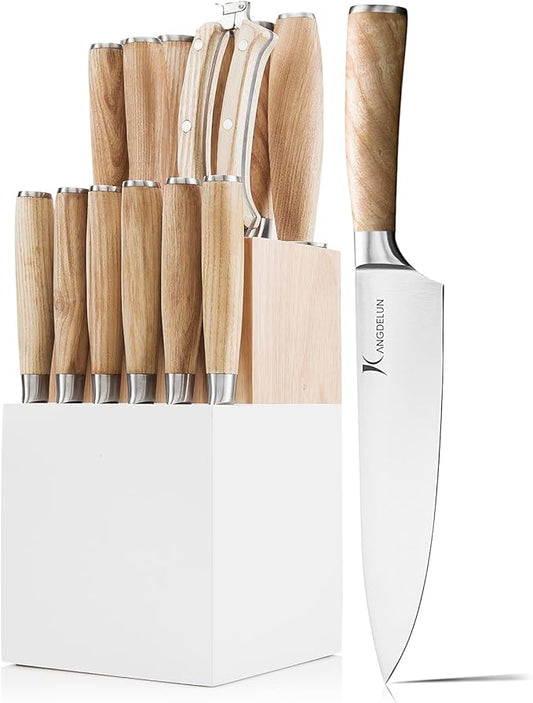 Kangdelun Ultra Sharp 15-Piece Kitchen Knife Set, High Carbon Stainless Steel Blades, Torrefied Natural Wood Handles, Ergonomic Design, Space-Saving White-Finished Wood Block, Easy Hand Wash, Gift Box
