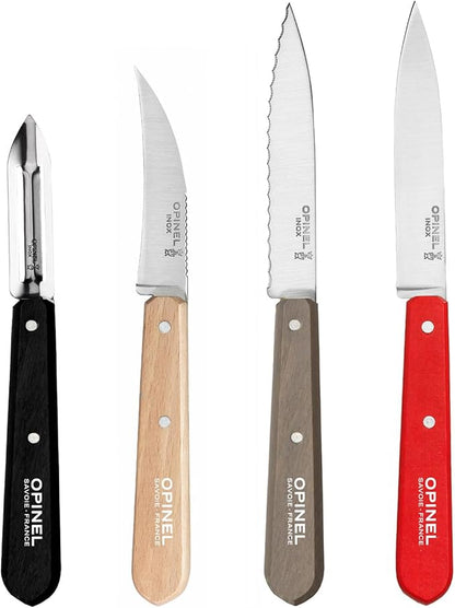 OPINEL Les Essentials - Small Kitchen 4 Piece Knife Set - Paring, Serrated, Peeler, Vegetable Knife, Corrosion Resistant High Carbon Steel, Made in France (Loft)