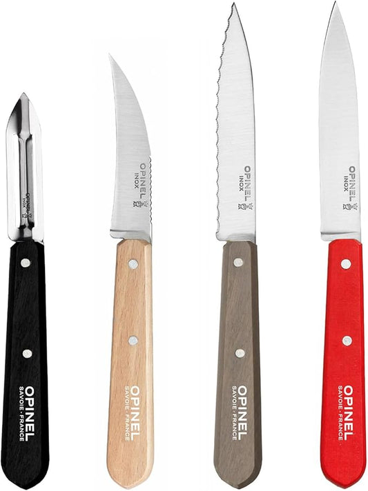 OPINEL Les Essentials - Small Kitchen 4 Piece Knife Set - Paring, Serrated, Peeler, Vegetable Knife, Corrosion Resistant High Carbon Steel, Made in France (Loft)