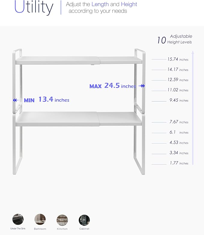 Nxconsu Expandable Cabinet Shelf Organizer Riser, 8.6" 2 Pack White | Heavy-Duty Steel Expandable Shelf Holds 50 lb, 5-Level Stackable Riser for Kitchen Cabinet Cupboard Pantry Counter Under Sink