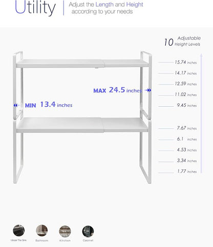 Nxconsu Expandable Cabinet Shelf Organizer Riser, 8.6" 2 Pack White | Heavy-Duty Steel Expandable Shelf Holds 50 lb, 5-Level Stackable Riser for Kitchen Cabinet Cupboard Pantry Counter Under Sink
