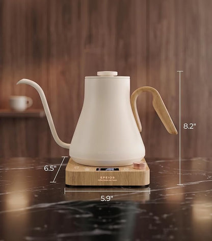 Epeios Electric Kettle, Gooseneck Electric Kettle with ±1°F Temperature Control, 1200W Rapid Heating for Pour Over Coffee & Tea, 304 Stainless Steel Interior, Auto Shut-Off, 0.9L, White Walnut