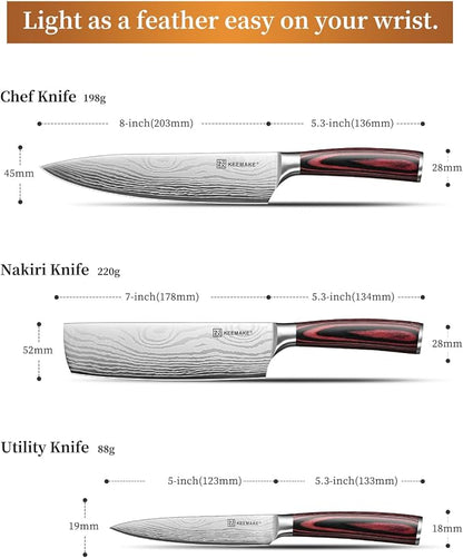 KEEMAKE 3 Pieces Knife Set, High Carbon Stainless Steel Chef Knives Sets with Ergonomic Pakkawood Handle, Professional Ultra Sharp Kitchen Knife Sets, Father Day Gifts