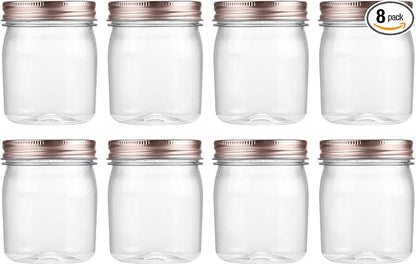 novelinks 8 oz Clear Plastic Jars with Airtight Lids, 8 Pack Plastic Mason Jars with Lids 8oz, Refillable Storage Slime Containers & Small Spice Jar for Kitchen Organization (8 Pack,Rose Gold)