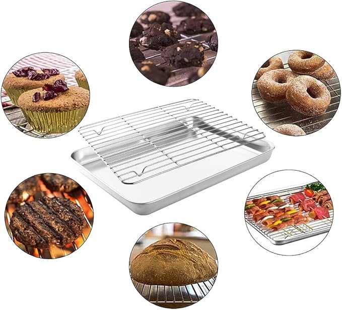 2-in-1 Stainless Steel Baking Sheet with Cooling Rack, Food Grade Oven Pan, Oven Safe, Warp Resistant, Heavy Duty, Easy Clean, Dishwasher Safe, for Baking, Roasting, Cooling, Draining Oil