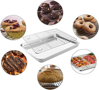 2-in-1 Stainless Steel Baking Sheet with Cooling Rack, Food Grade Oven Pan, Oven Safe, Warp Resistant, Heavy Duty, Easy Clean, Dishwasher Safe, for Baking, Roasting, Cooling, Draining Oil