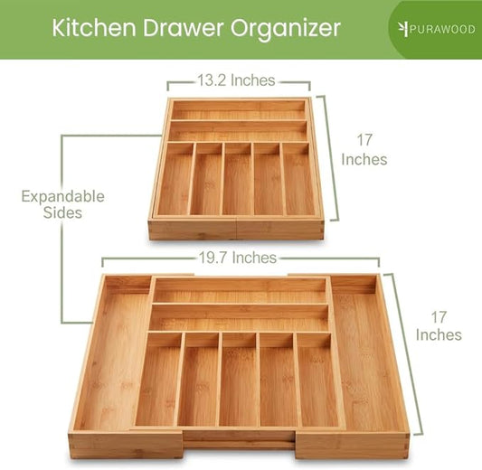 Purawood Bamboo Drawer Organizer, 2 Pack - Expandable Silverware Organizer & Utensil Organizer, Cutlery Tray with Dividers, 7-9 Slots - Premium Kitchen Organizer for Utensils & Flatware (Natural)