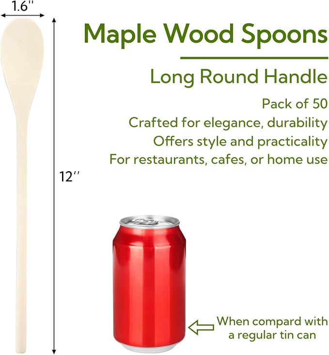 50 Pieces Long Wooden Spoons, 12 Inch Disposable Mixing Scoop Bulk with Long Handle, Oval Small Kitchen Utensil for DIY Craft, Cooking, Stirring, Serving Hot Cold Food